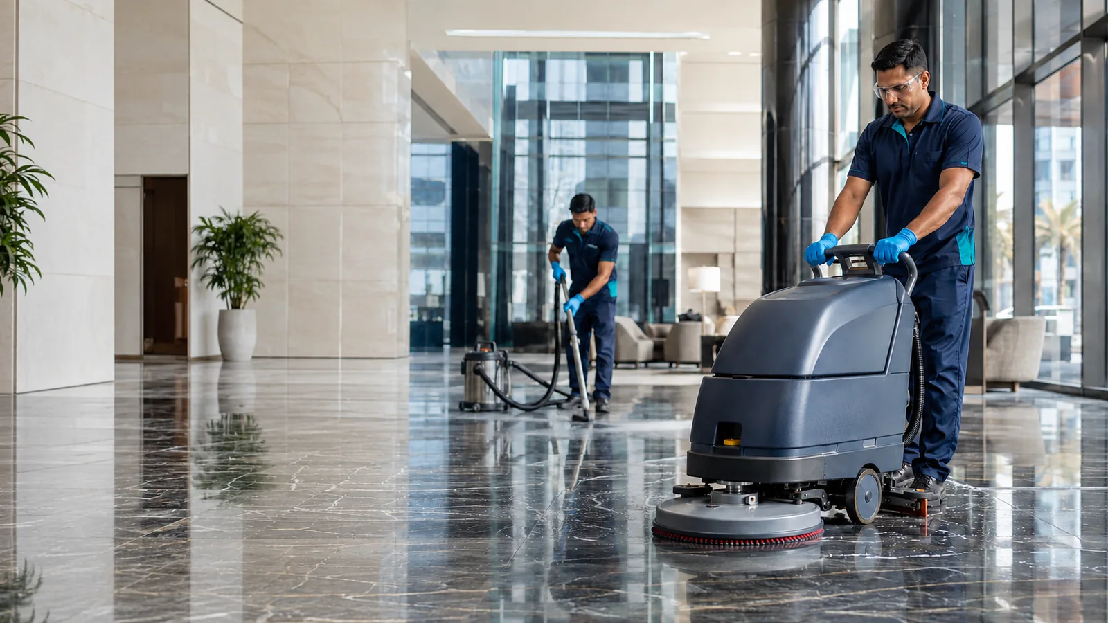 Professional commercial deep-cleaning team operating floor-cleaning equipment in Dubai.